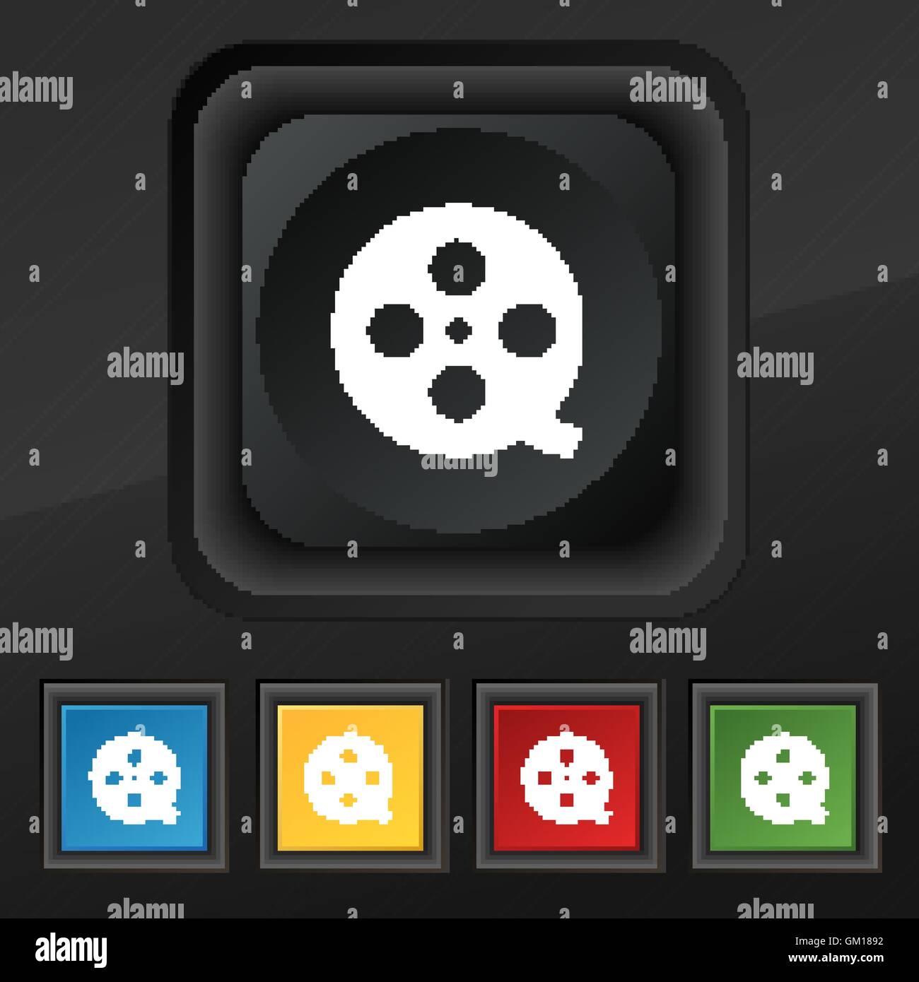 L'icône de film symbole. Ensemble de cinq boutons coloré et élégant sur la texture noire pour votre conception. Vector Illustration de Vecteur