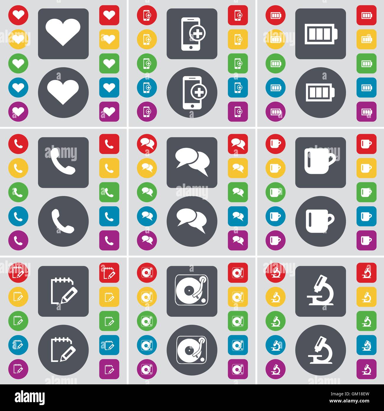 Cœur, Smartphone, batterie, récepteur, Chat, tasse, sondage, Gramophone, symbole de l'icône de microscope. Un grand ensemble de télévision, boutons de couleur pour votre conception. Vector Illustration de Vecteur