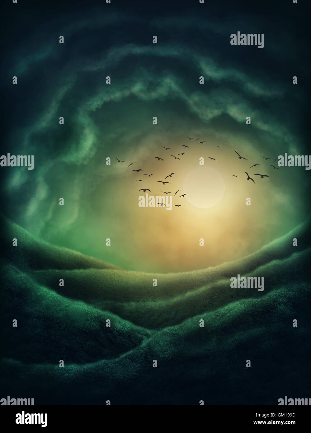 Paysage sombre avec des nuages et de la lune Banque D'Images