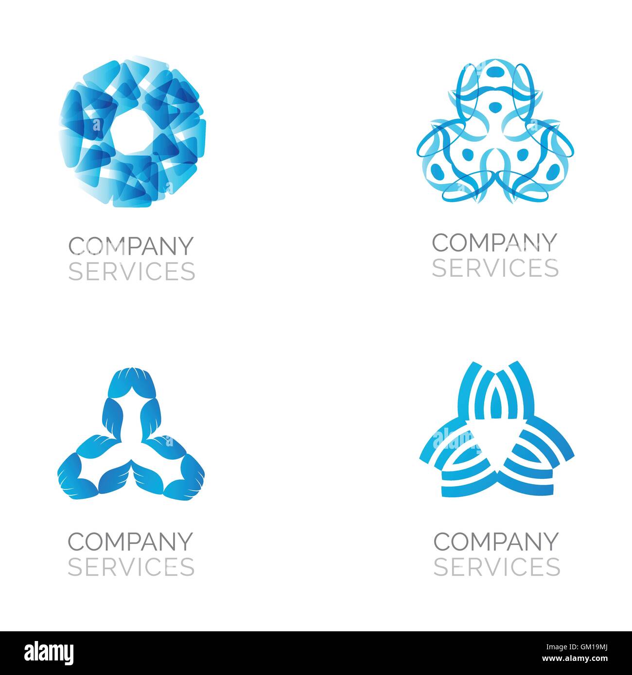 Ensemble de quatre logos bleu abstrait. Vector Logos avec spirale, losange, cercle et éléments. Illustration de Vecteur
