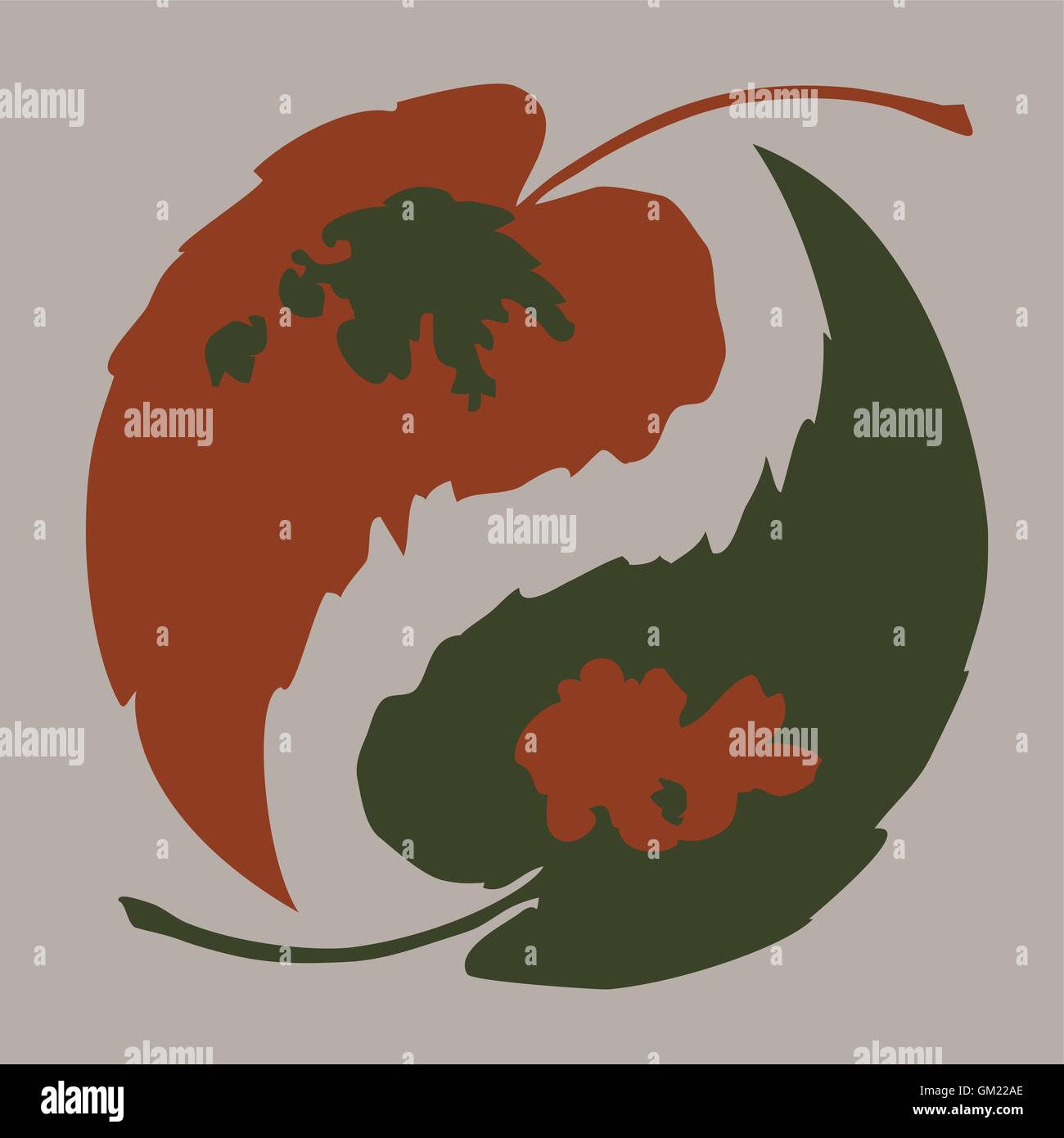 Logo de l'automne. Deux feuilles qui tombent dans la forme Yin Yang. Vecteur conception plate pour logo, sac, t-shirt etc., sur fond séparés. Illustration de Vecteur