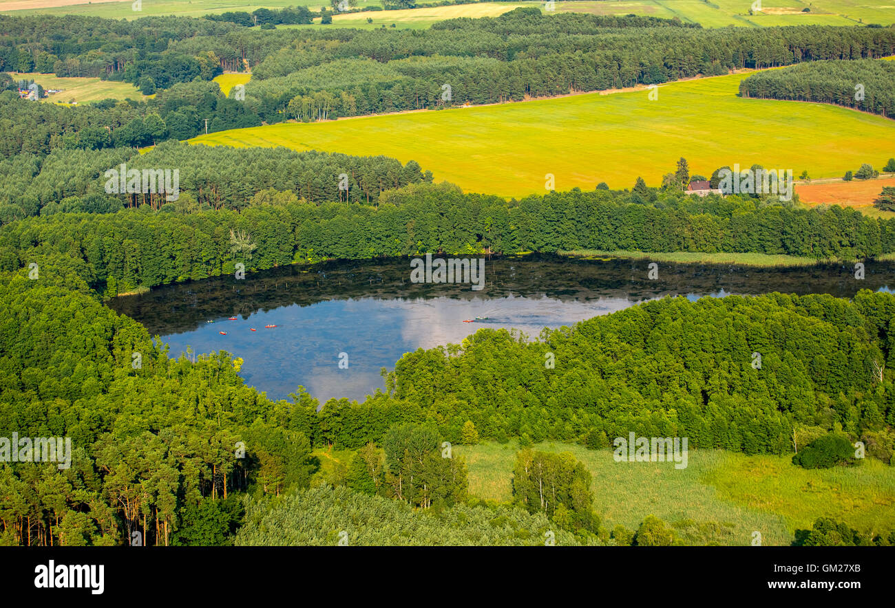 Vue aérienne, 93 Granzow avec la végétation et les pédalos, kayaks à partir de la location de canoë canoë, NeuDrosedow ferme Wustrow, Mecklenburg Banque D'Images
