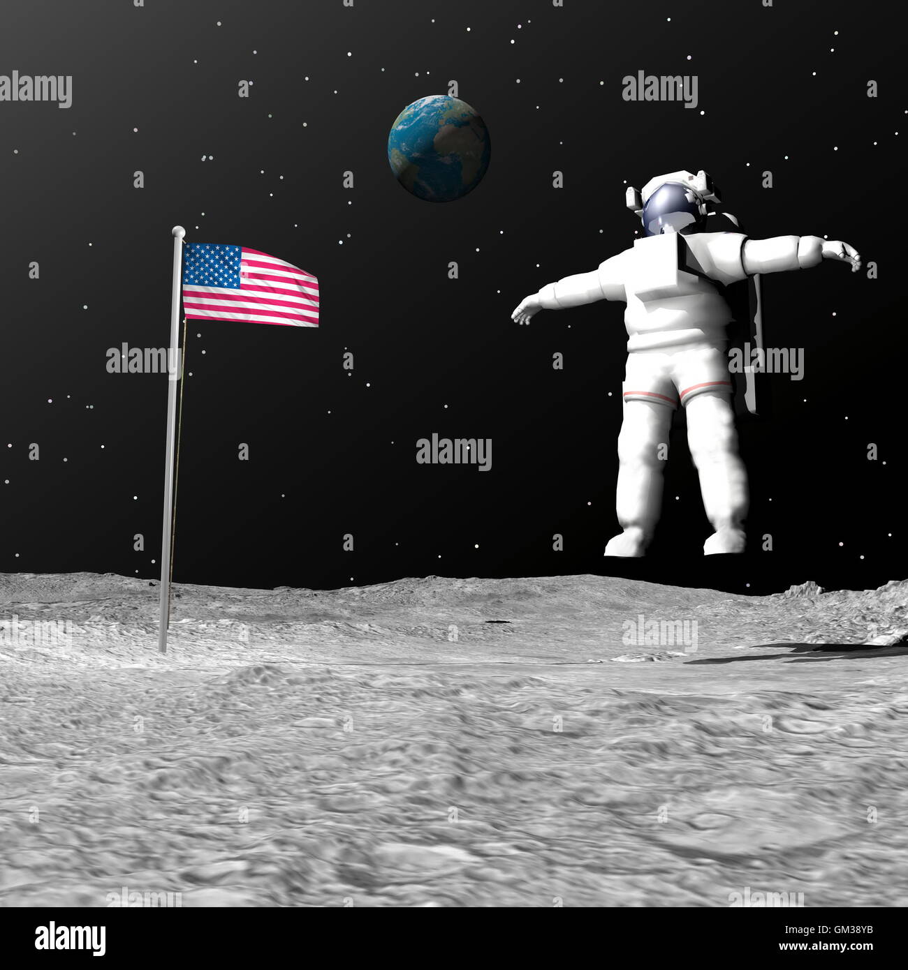 Premier homme sur la lune - 3D render Banque D'Images