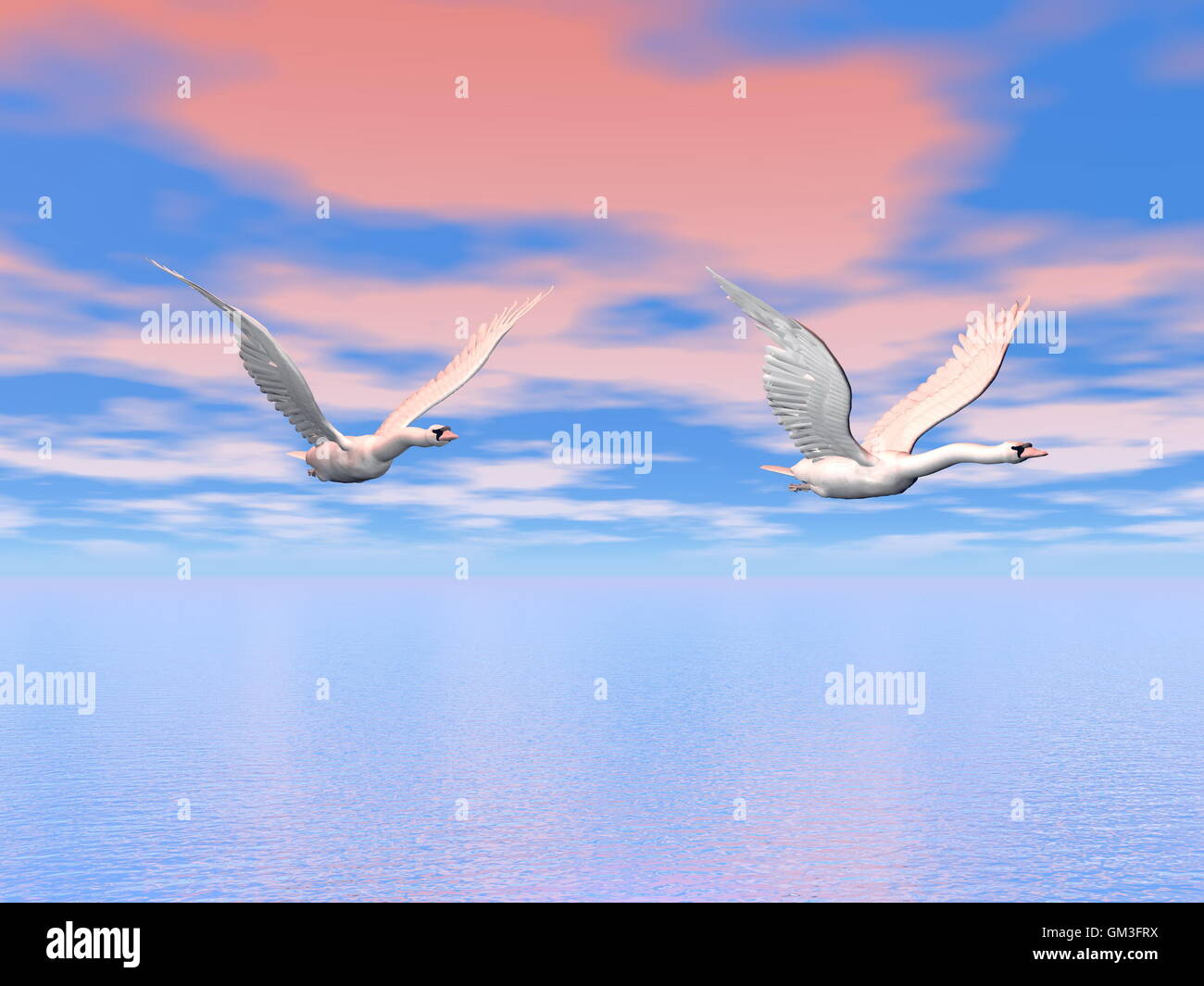 Swans flying - 3D render Banque D'Images
