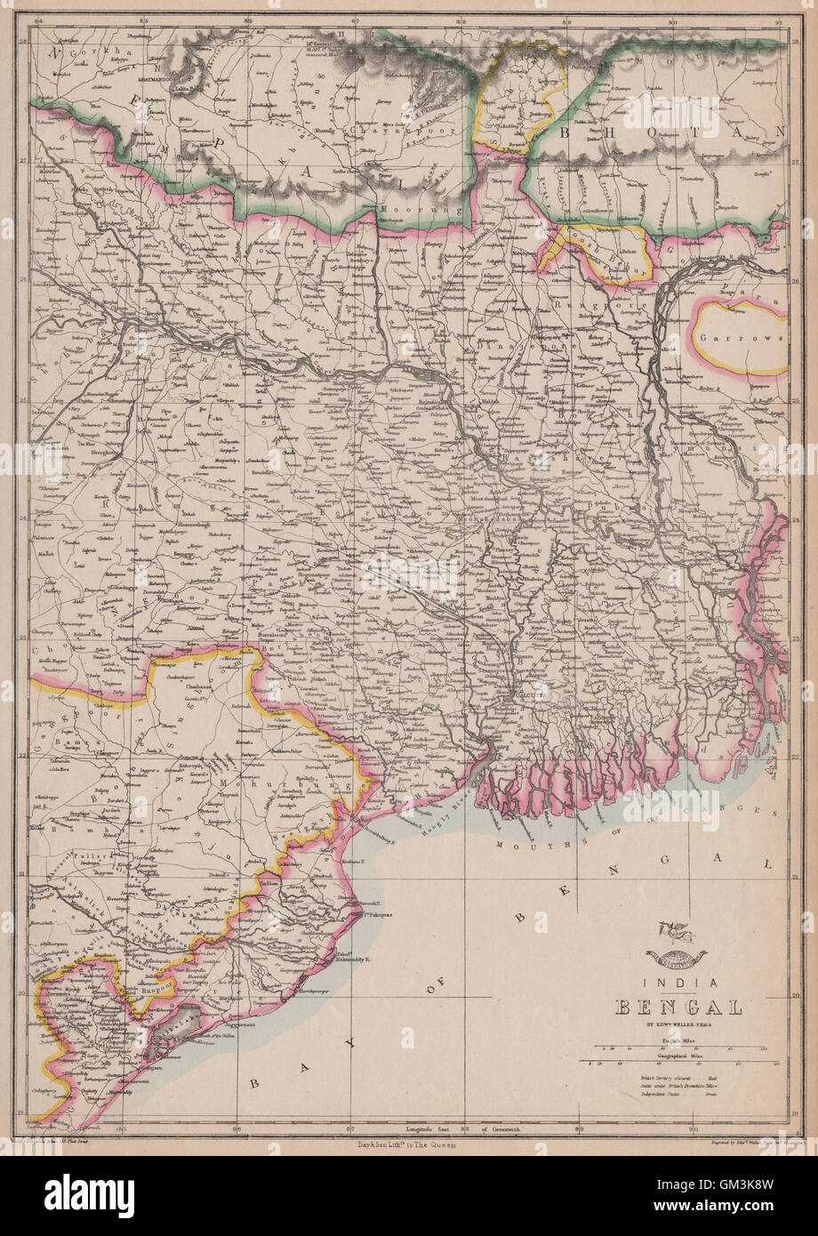 Le Bengale occidental. Chemin de fer de l'Est de l'Inde Calcutta-Raniganj. WELLER. Atlas de répartition, la carte 1863 Banque D'Images