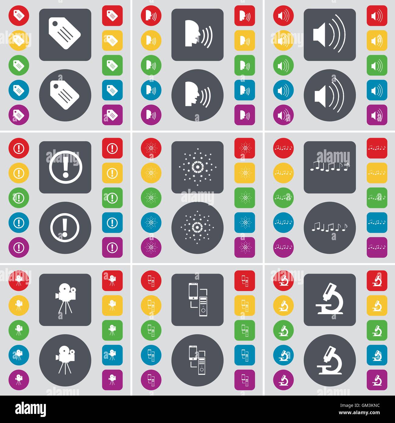 Tag, parler, son, Avertissement, Star, Note, appareil photo, microscope, symbole de l'icône de connexion. Un grand ensemble de télévision, boutons de couleur pour Illustration de Vecteur