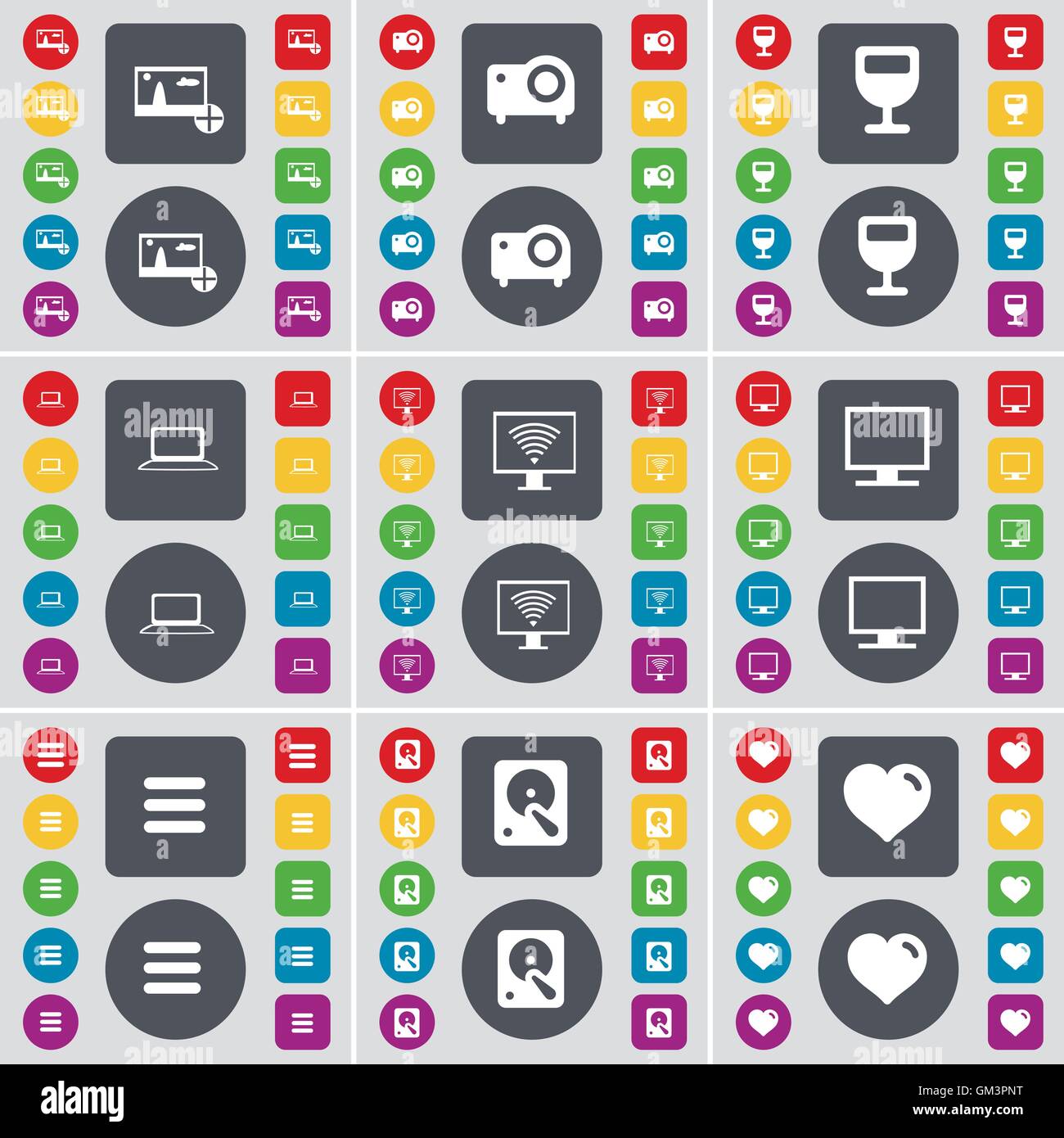 Photo, projecteur, Wineglass, ordinateur portable, moniteur, Apps, disque dur, icône de Cœur symbole. Un grand ensemble de télévision, boutons de couleur pour votre conception. Vector Illustration de Vecteur