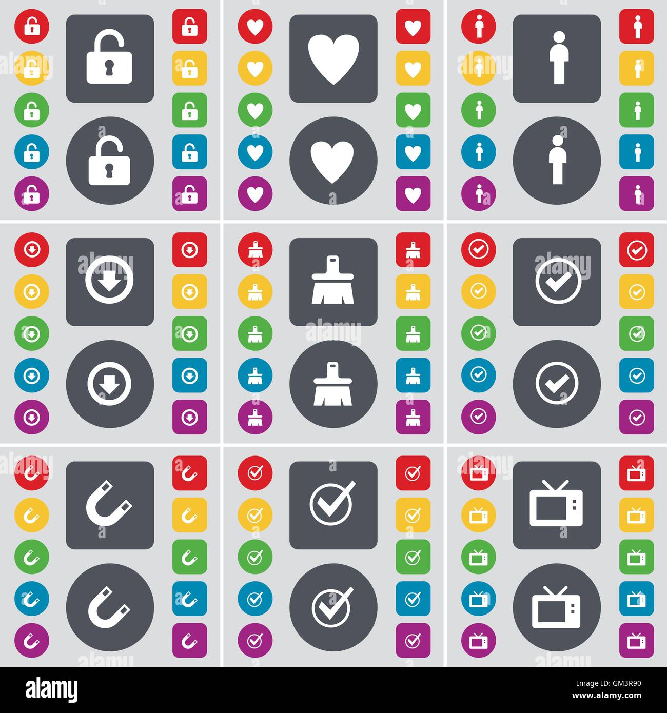 Lock, Cœur, Silhouette, Flèche vers le bas, Pinceau, Tique, Tique, aimant, l'icône TV Rétro symbole. Un grand ensemble de télévision, boutons de couleur pour y Illustration de Vecteur