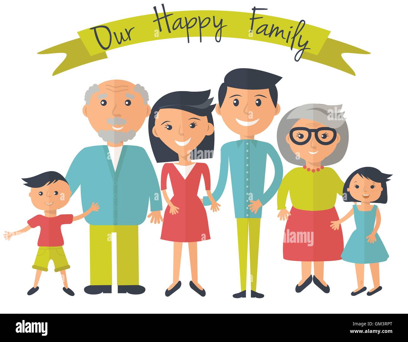 Illustration de famille heureuse. Père, mère, grands-parents, fils et dauther portrait avec des bannières. Illustration de Vecteur