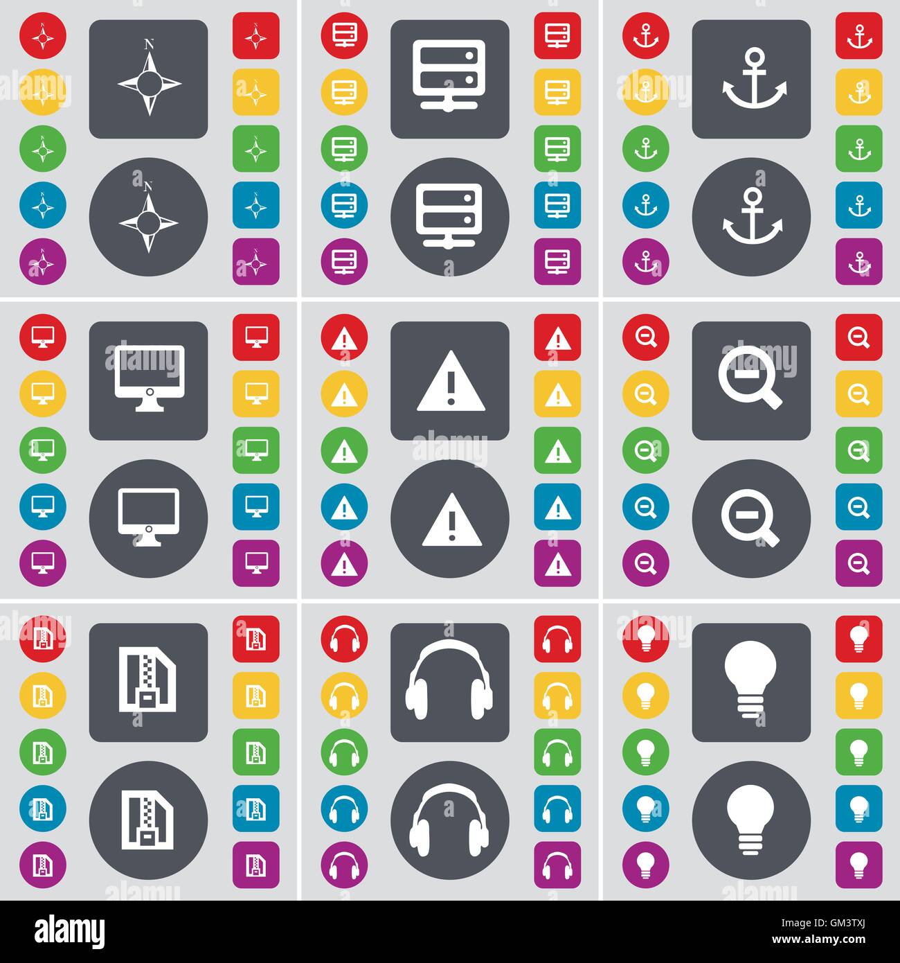 Boussole, serveur, Anchorr, surveiller, Avertissement, loupe, symbole icône ZI. Un grand ensemble de télévision, boutons de couleur pour votre le desi Illustration de Vecteur