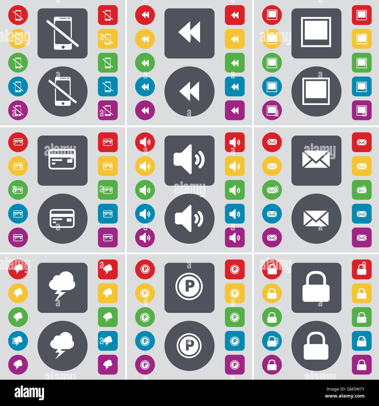 Smartphone, Rewind, fenêtre, carte de crédit, son, Message, nuage, Parking, icône de verrouillage symbole. Un grand ensemble de télévision, boutons de couleur pour votre conception. Vector Illustration de Vecteur