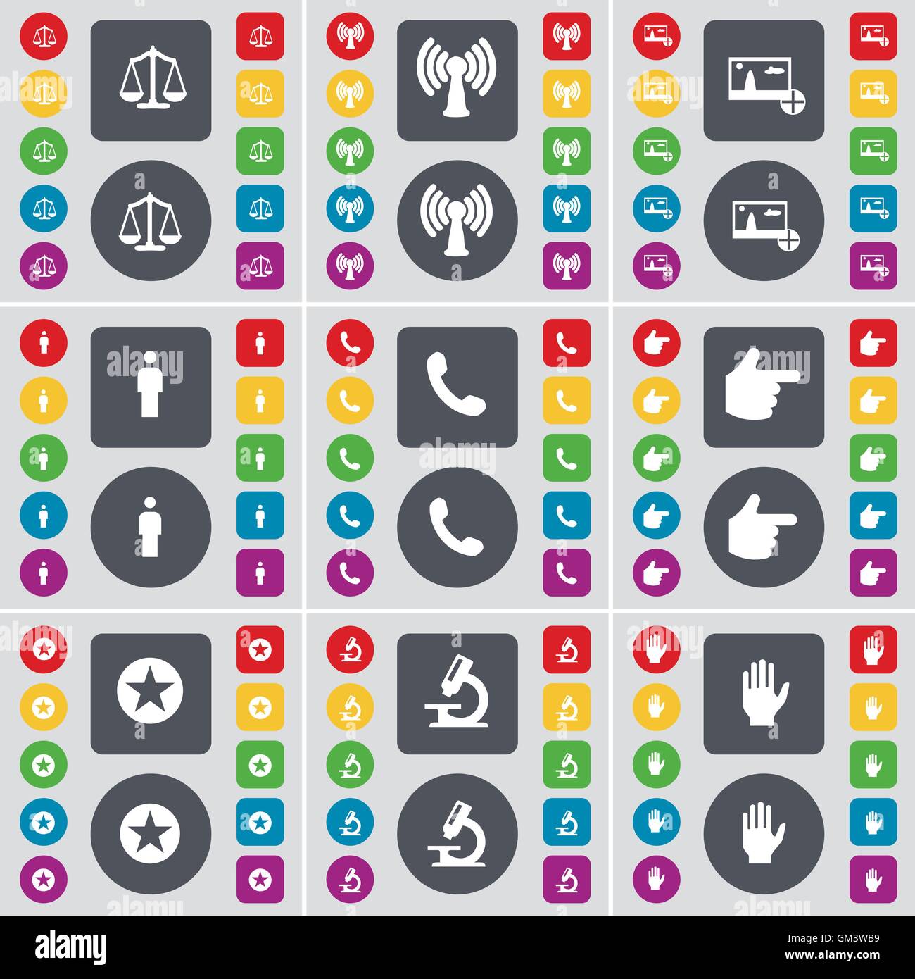 Balances, une connexion Wi-Fi gratuite, Photo, Silhouette, récepteur, la main, Star, microscope, icône main symbole. Un grand ensemble de télévision, boutons de couleur pour votre conception. Vector Illustration de Vecteur