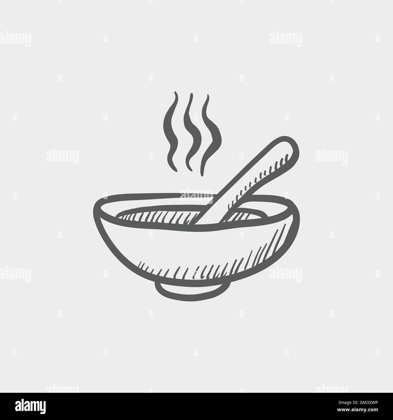 Bol de soupe chaude avec l'icône esquisse cuillère Illustration de Vecteur