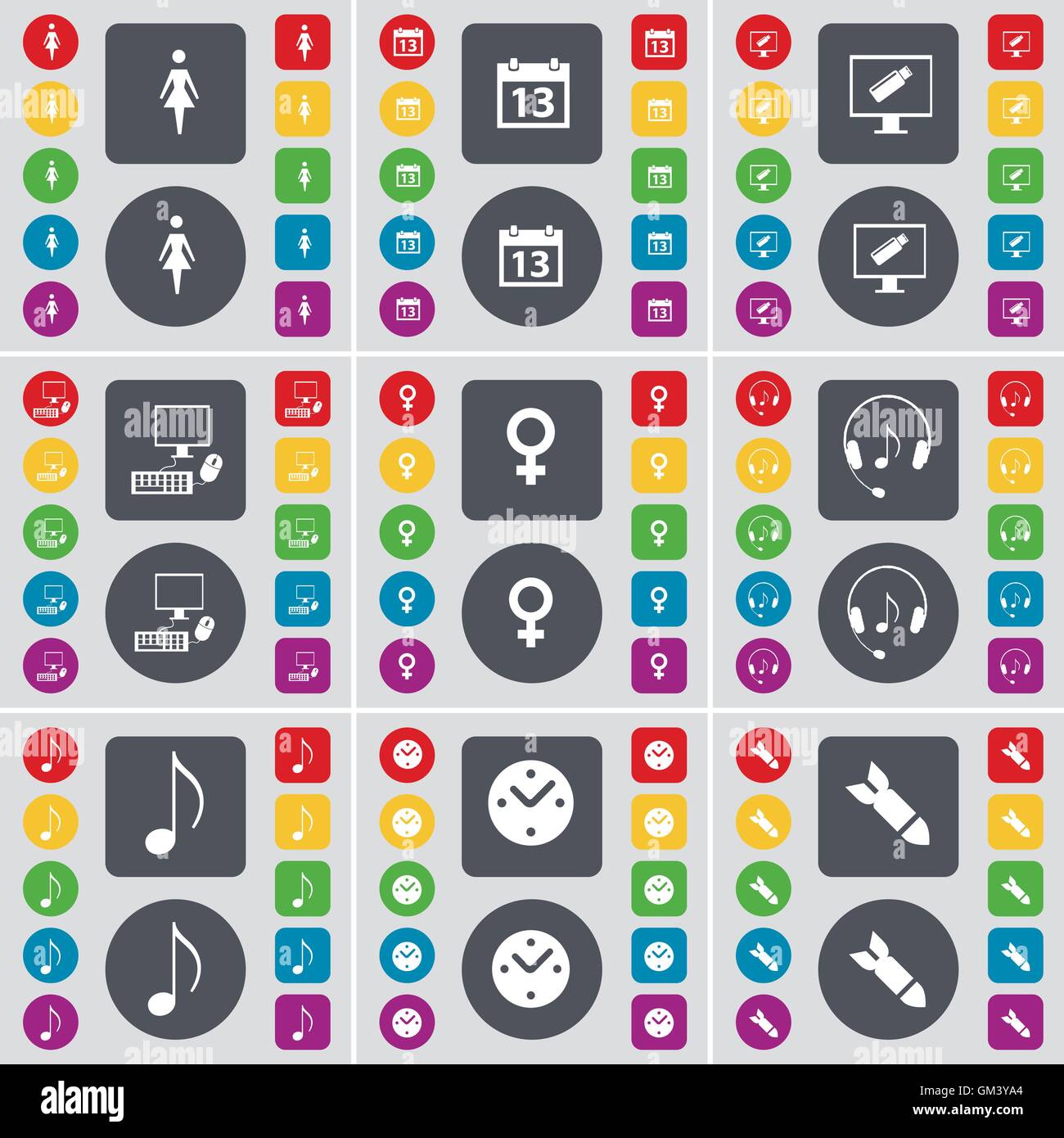 Silhouette, Calendrier, moniteur, PC, symbole de Vénus, écouteurs, remarque, l'horloge, l'icône Rocket symbole. Un grand ensemble de télévision, boutons de couleur pour votre conception. Vector Illustration de Vecteur