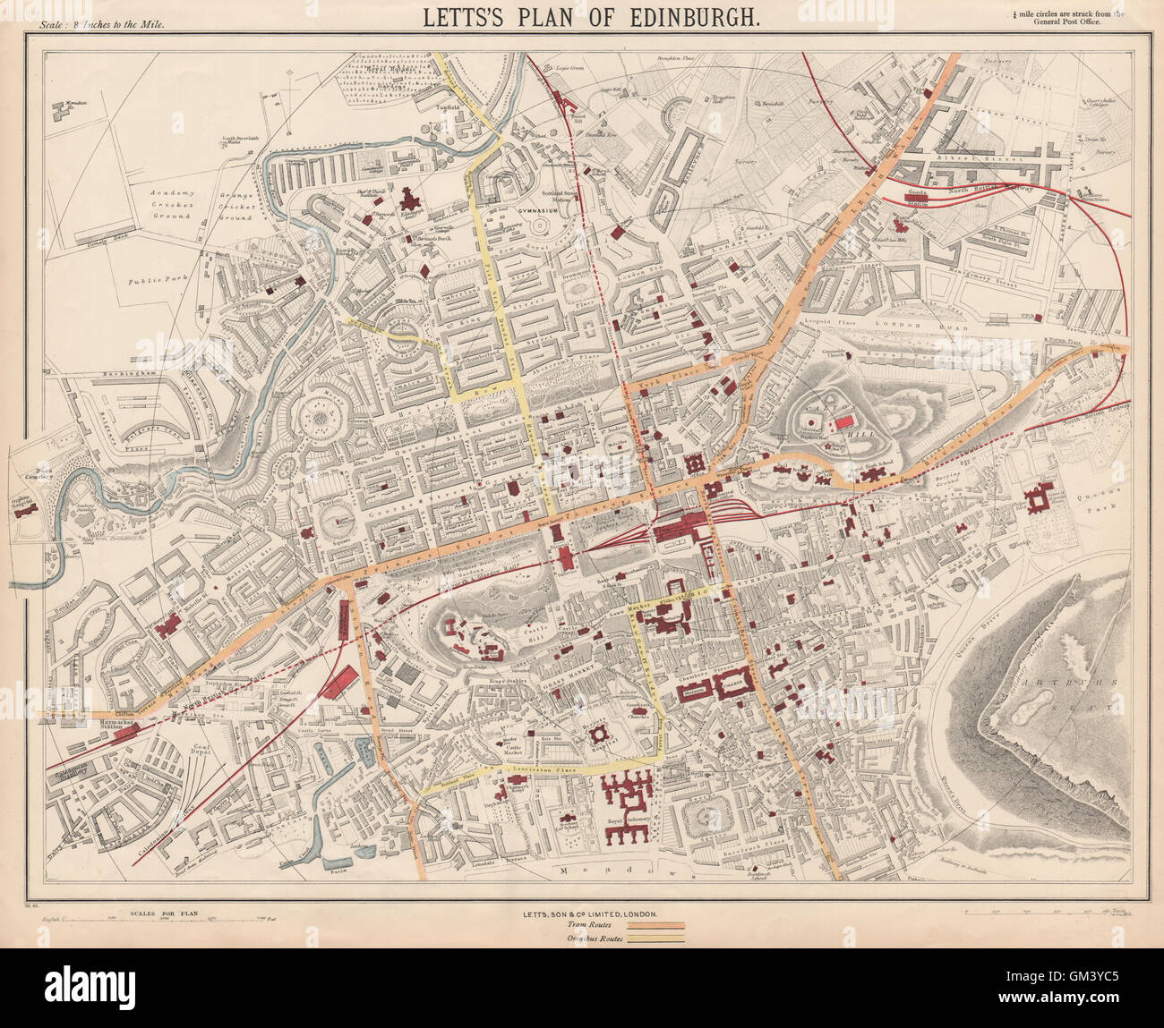 Plan de la ville ville Édimbourg plan. Bus Tram routes chemins d'affectation. LETTS, 1889 Banque D'Images