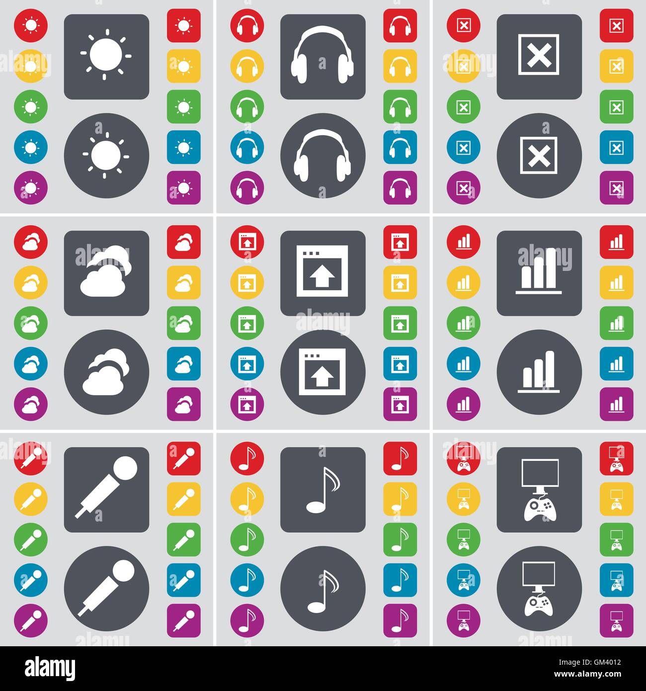 La lumière, écouteurs, arrêter, nuage, fenêtre, diagramme, Microphone, remarque, l'icône de la console de jeux Symbole. Un grand ensemble de télévision, boutons de couleur pour votre conception. Vector Illustration de Vecteur