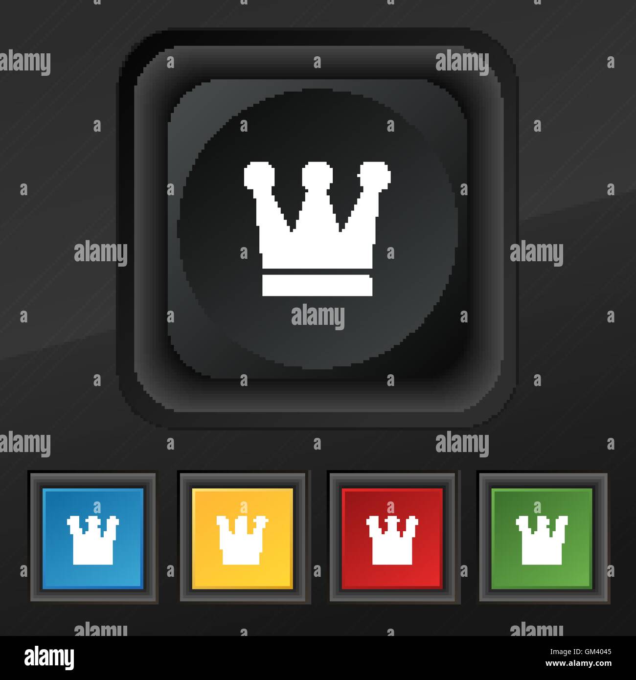 King, icône de la Couronne symbole. Ensemble de cinq boutons coloré et élégant sur la texture noire pour votre conception. Vector Illustration de Vecteur