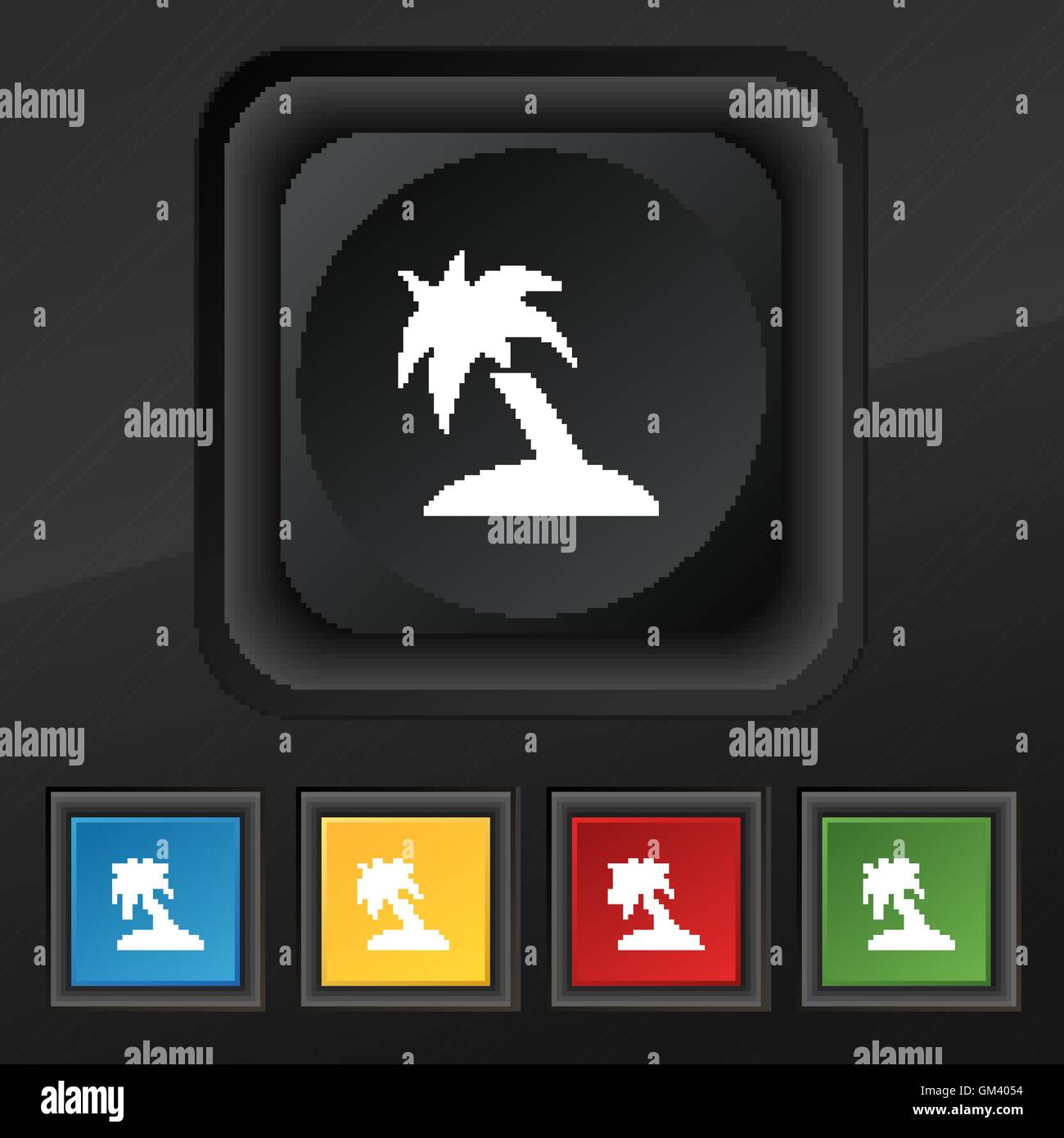 Palmier, Voyage Voyage symbole icône. Ensemble de cinq boutons coloré et élégant sur la texture noire pour votre conception. Vector Illustration de Vecteur