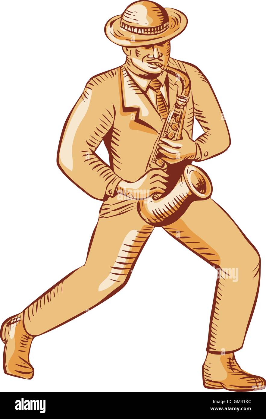 Joueur de Jazz à jouer du Saxophone Etching Illustration de Vecteur