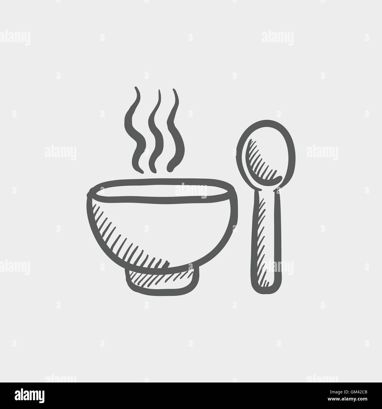 Bol de soupe chaude avec l'icône esquisse cuillère Illustration de Vecteur