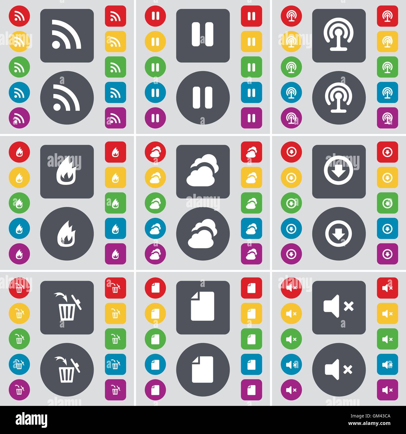 RSS, Pause, une connexion Wi-Fi gratuite, d'incendie, nuage, Flèche vers le bas, corbeille, fichier, icône Sourdine symbole. Un grand ensemble de télévision, boutons de couleur pour votre des Illustration de Vecteur