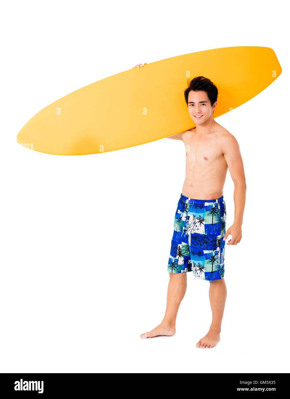 Young man with surfboard isolated on white Banque D'Images