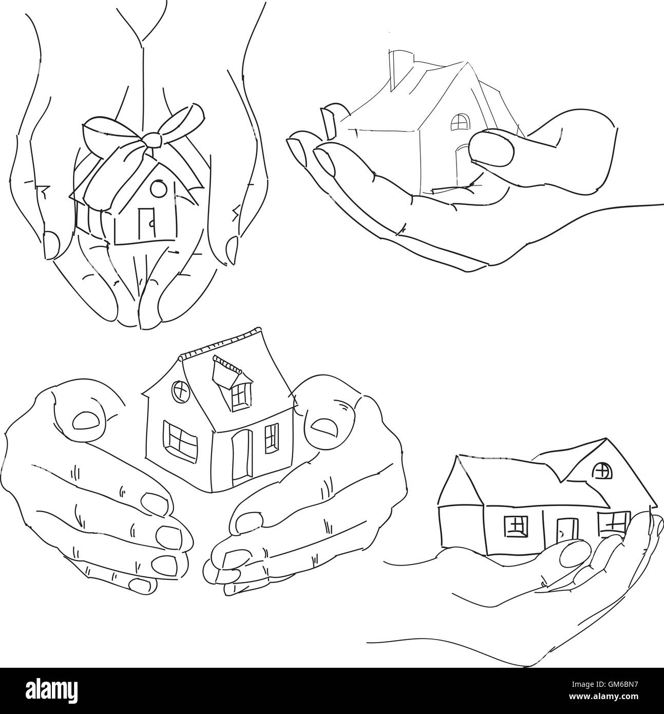 Les humains tirés hands holding house Illustration de Vecteur