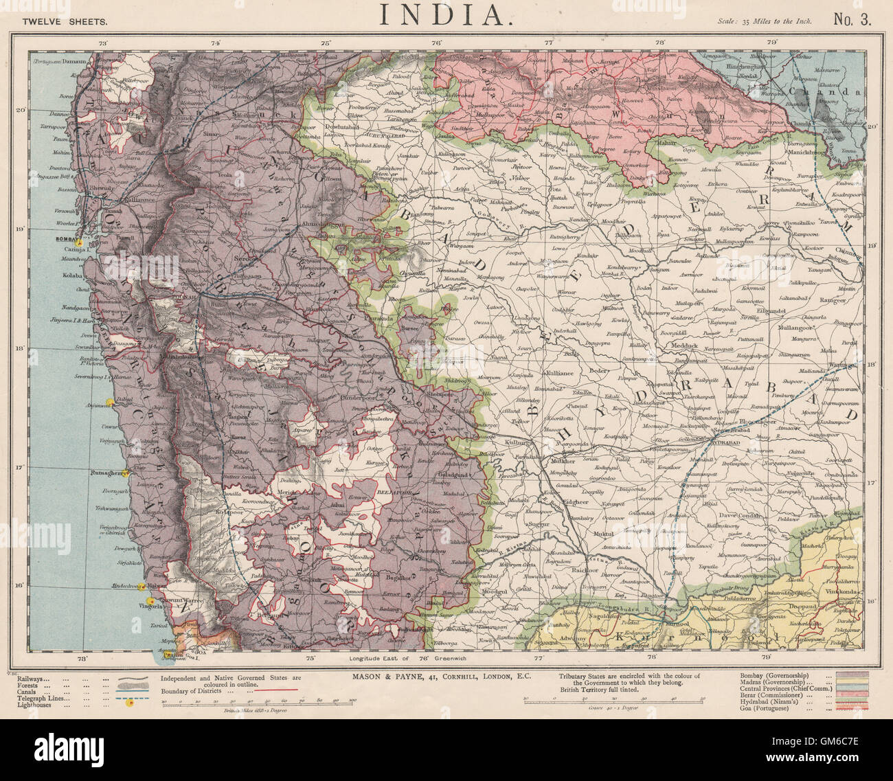 L'OUEST DE L'Inde britannique Maharashtra Bombay Mumbai Pune Goa Chemins LETTS 1889 map Banque D'Images