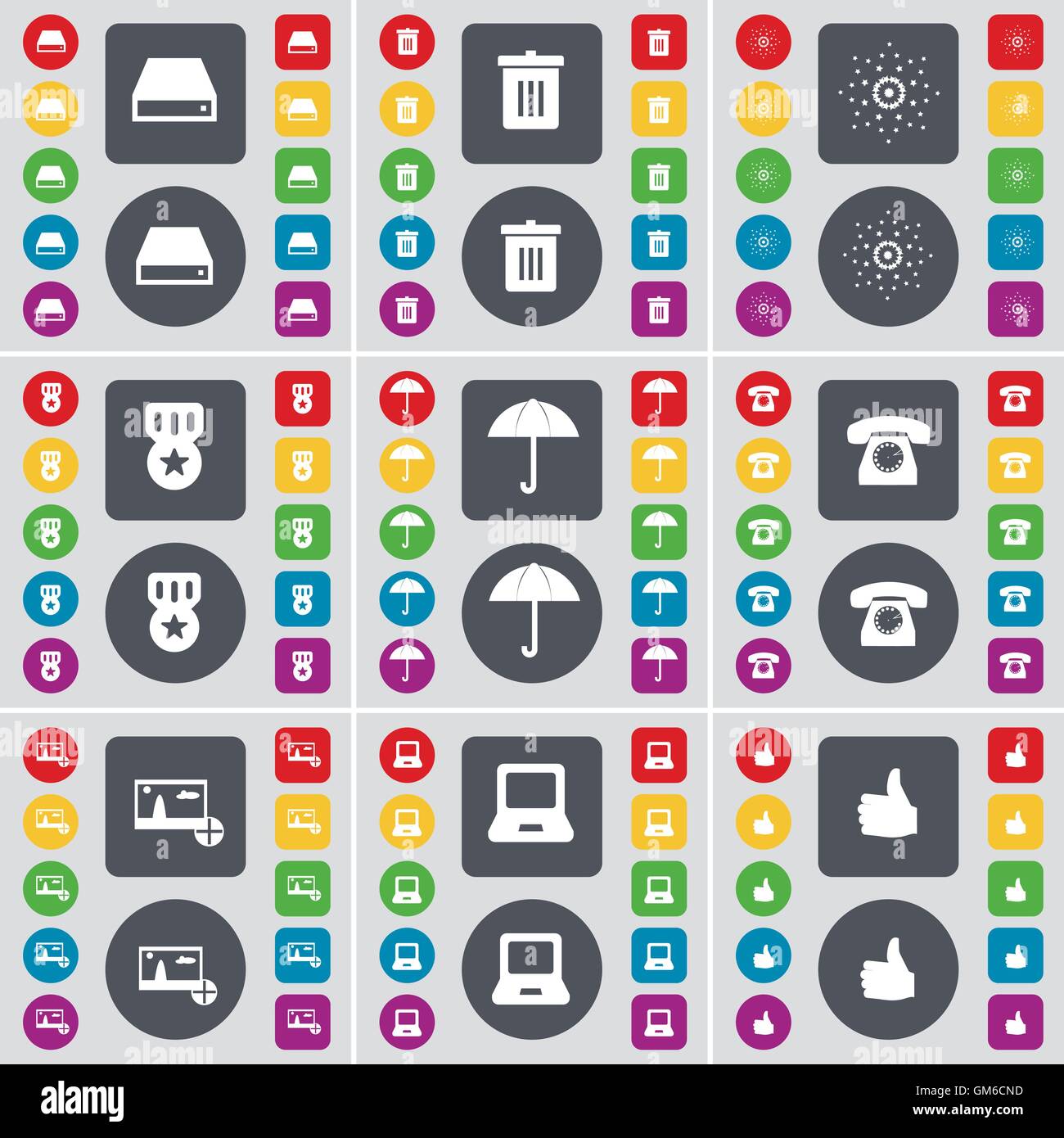 Disque dur, poubelle, Star, médaille, parapluie, Retro phone, photo, ordinateur portable, comme symbole de l'icône. Un grand ensemble de télévision, boutons de couleur pour votre conception. Vector Illustration de Vecteur
