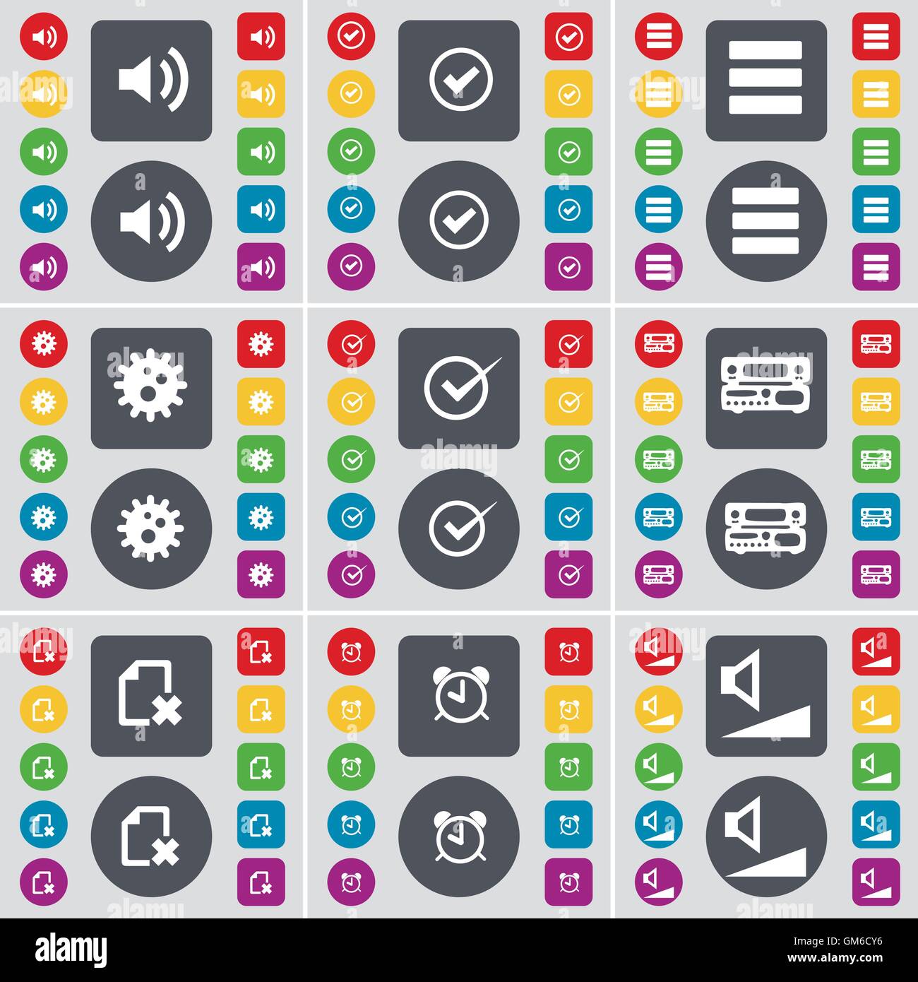 Son, Tique, Tique, engins, Apps, enregistrez-player, fichier, réveil, symbole de l'icône de volume. Un grand ensemble de télévision, boutons de couleur pour votre conception. Vector Illustration de Vecteur