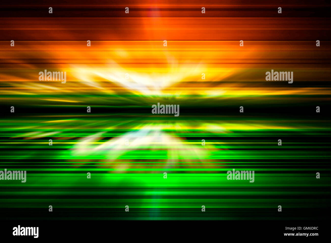 Les rayons de lumière contre un arrière-plan vert et orange Banque D'Images