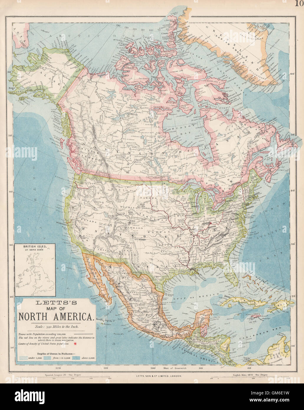 L'Amérique du Nord. Rouge =à vapeur sur le Mississippi et des Grands Lacs. LETTS 1889 map Banque D'Images