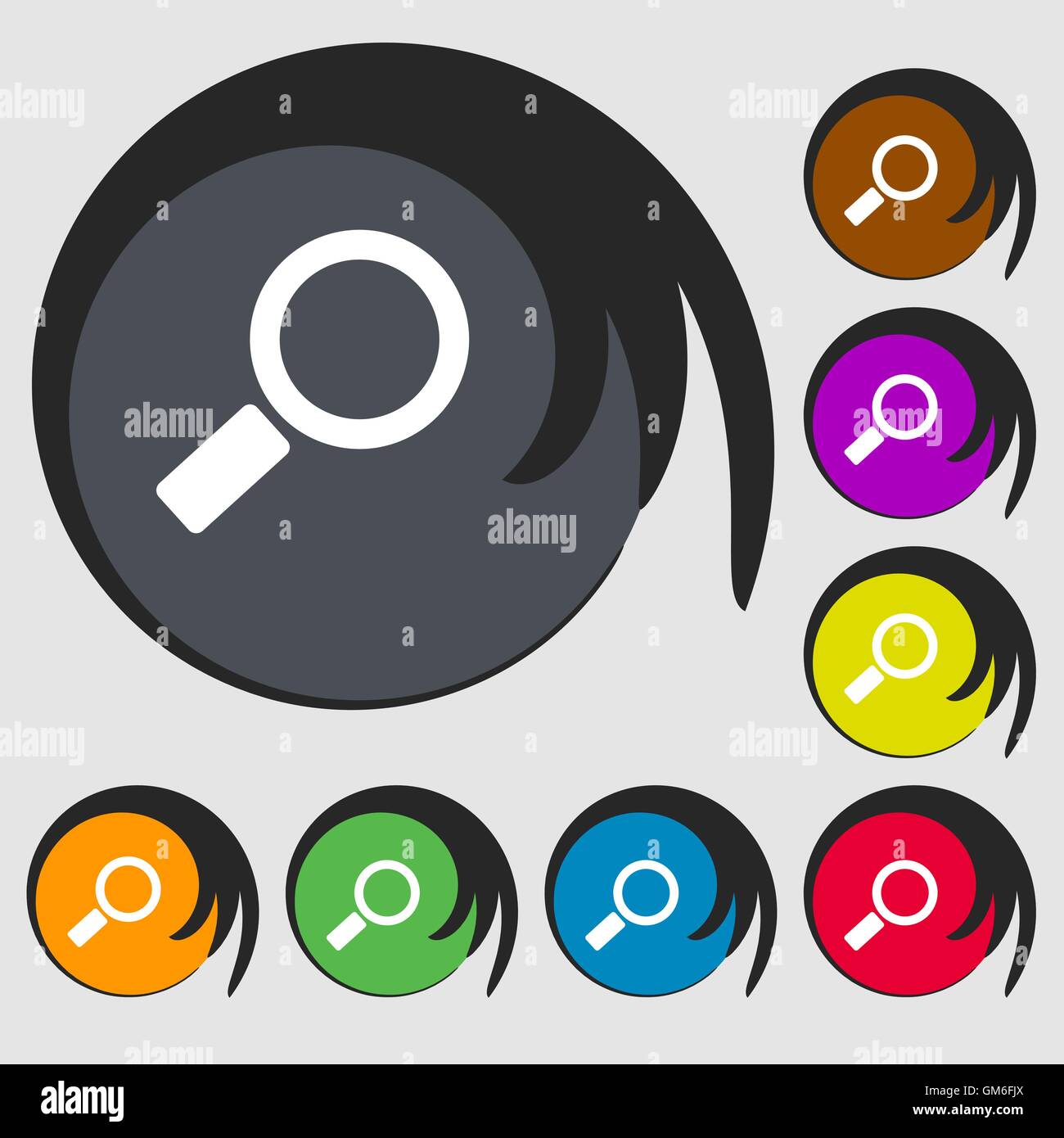 Verre loupe icône signe. Bouton de l'outil de zoom. La navigation chercher symbole. Symboles sur huit boutons de couleur. Vector Illustration de Vecteur