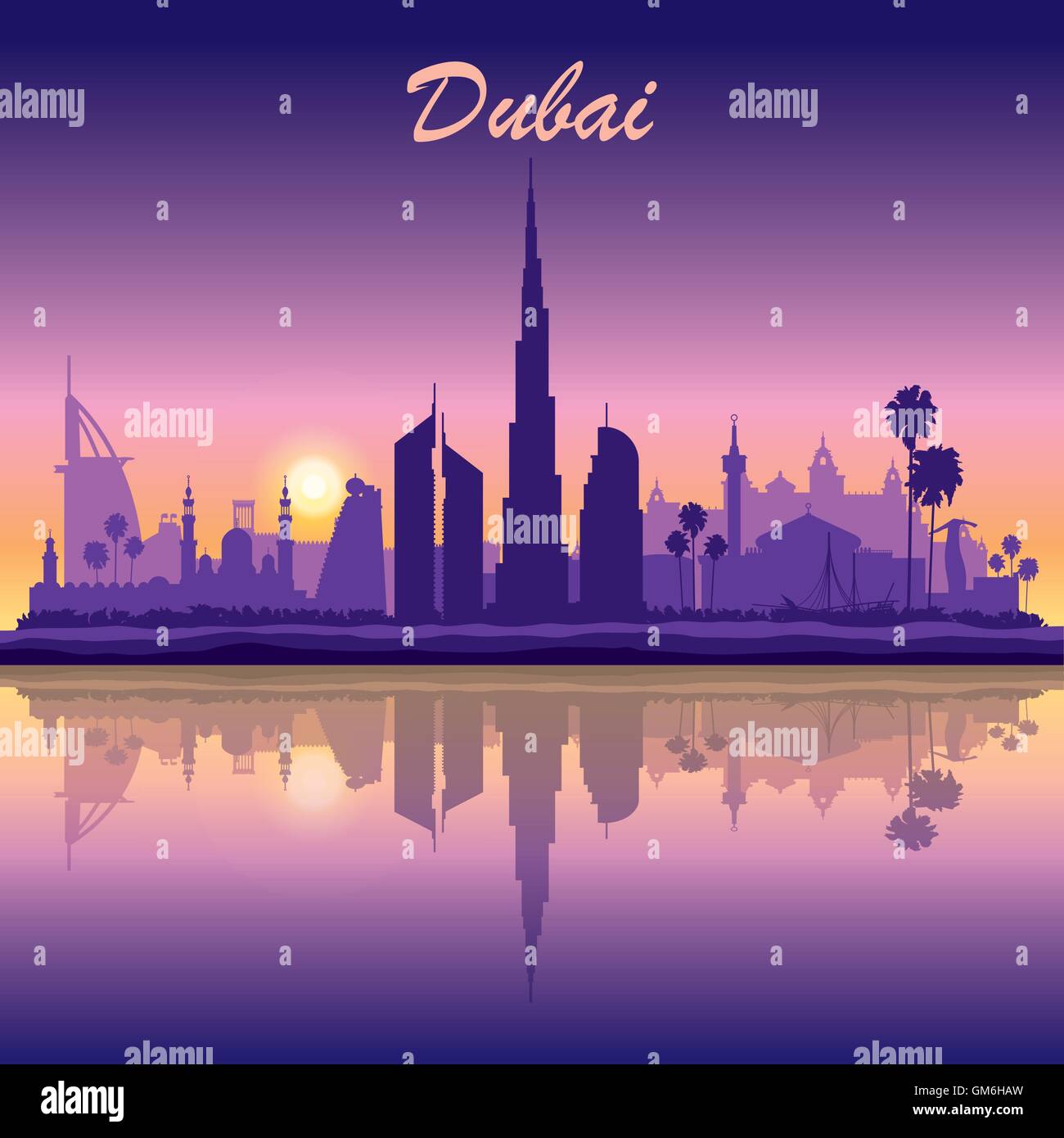 Dubai skyline silhouette sur fond coucher de soleil Illustration de Vecteur