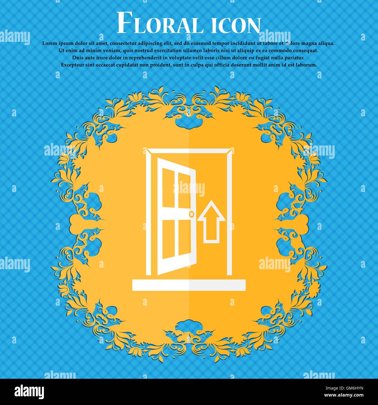 Porte, entrer ou sortir d'icon signe. Design plat floral sur un fond abstrait bleu avec place pour votre texte. Vector Illustration de Vecteur
