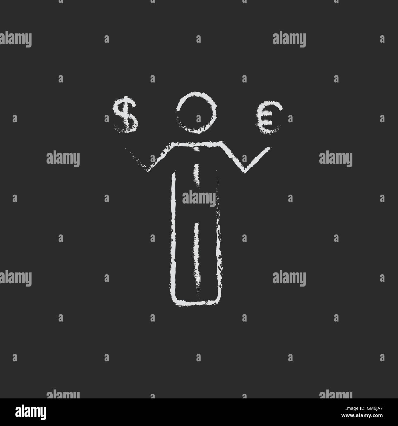 Businessman holding euro et dollar US icon tracé à la craie. Illustration de Vecteur
