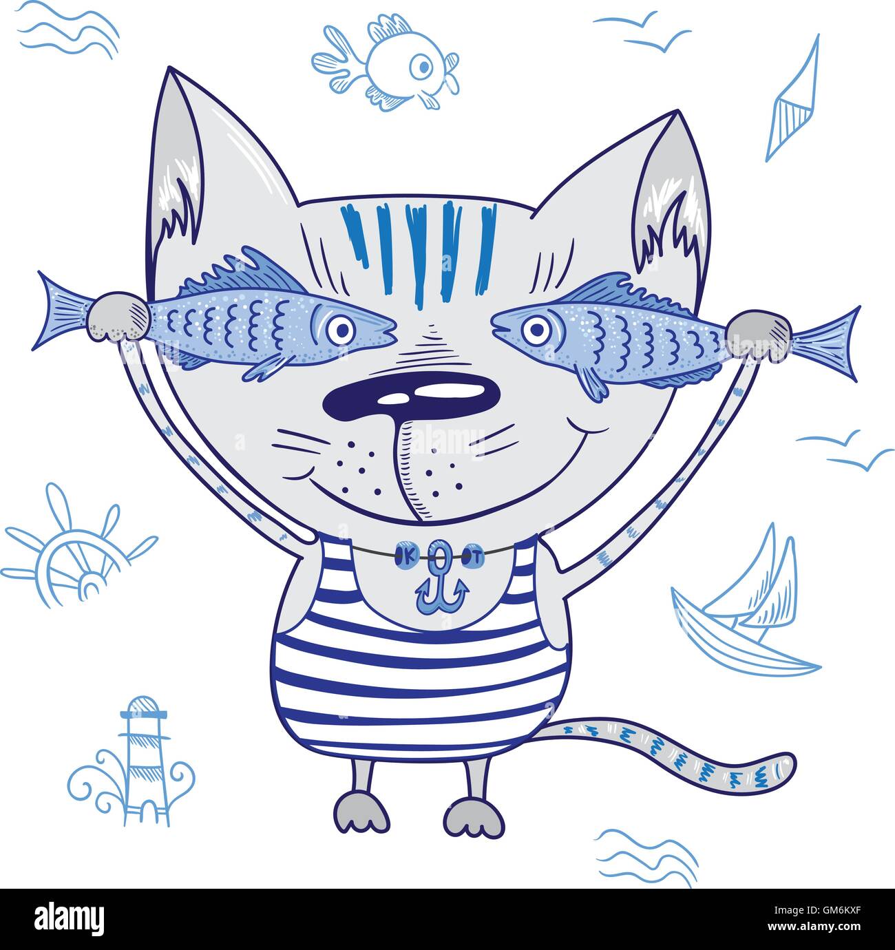 Funny Cat vecteur avec les poissons Illustration de Vecteur