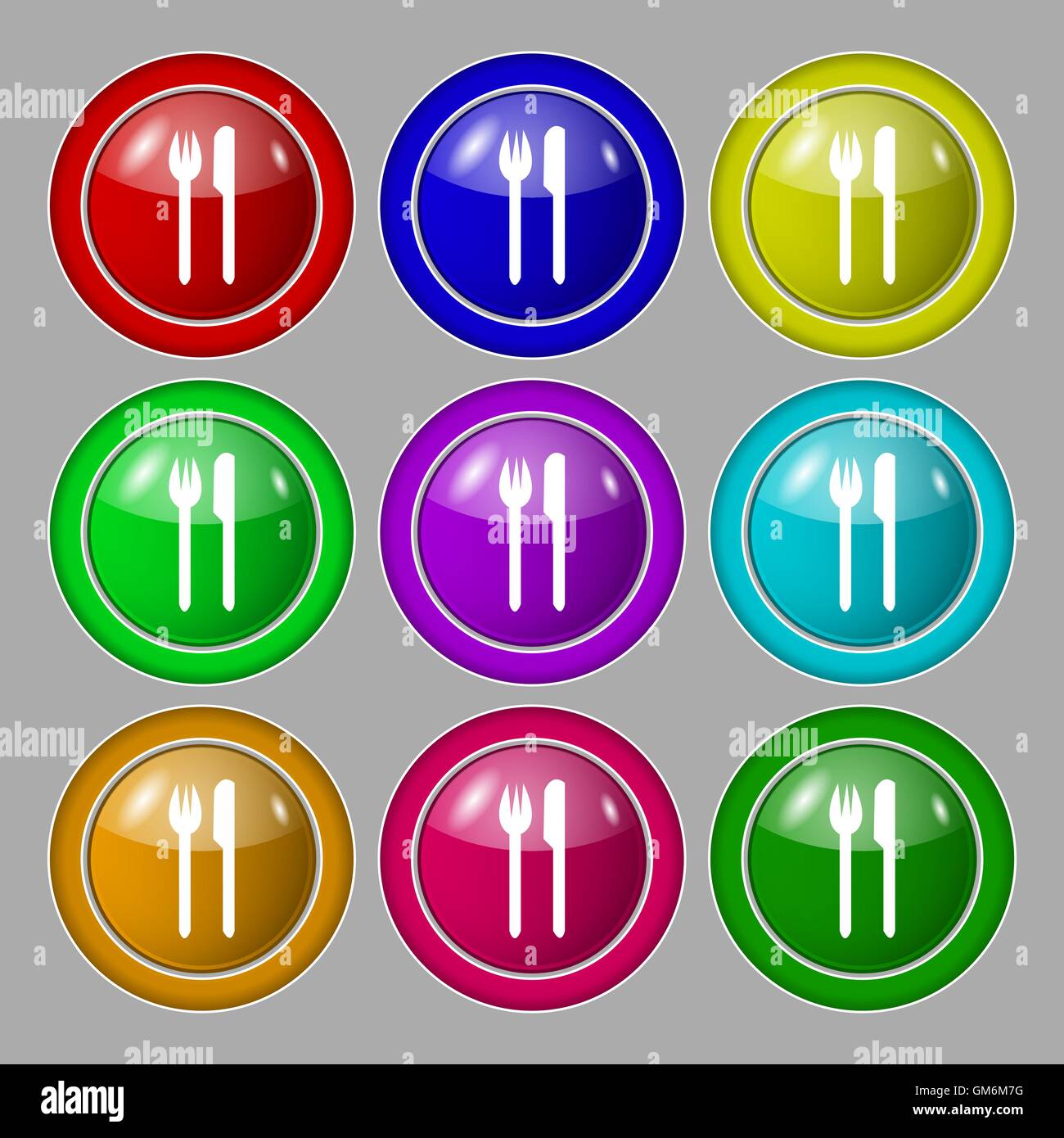 Icône de signe de manger. Symbole de coutellerie. Fourchette et couteau. Symbole sur neuf boutons colorés. Vector Illustration de Vecteur