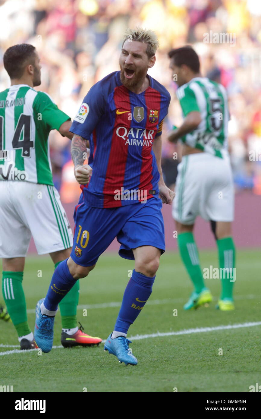 08/20/2016. Camp Nou, Barcelona, Espagne. Lionel Messi célébration but lors du match FC Barcelone Liga espagnole - Betis Séville Banque D'Images