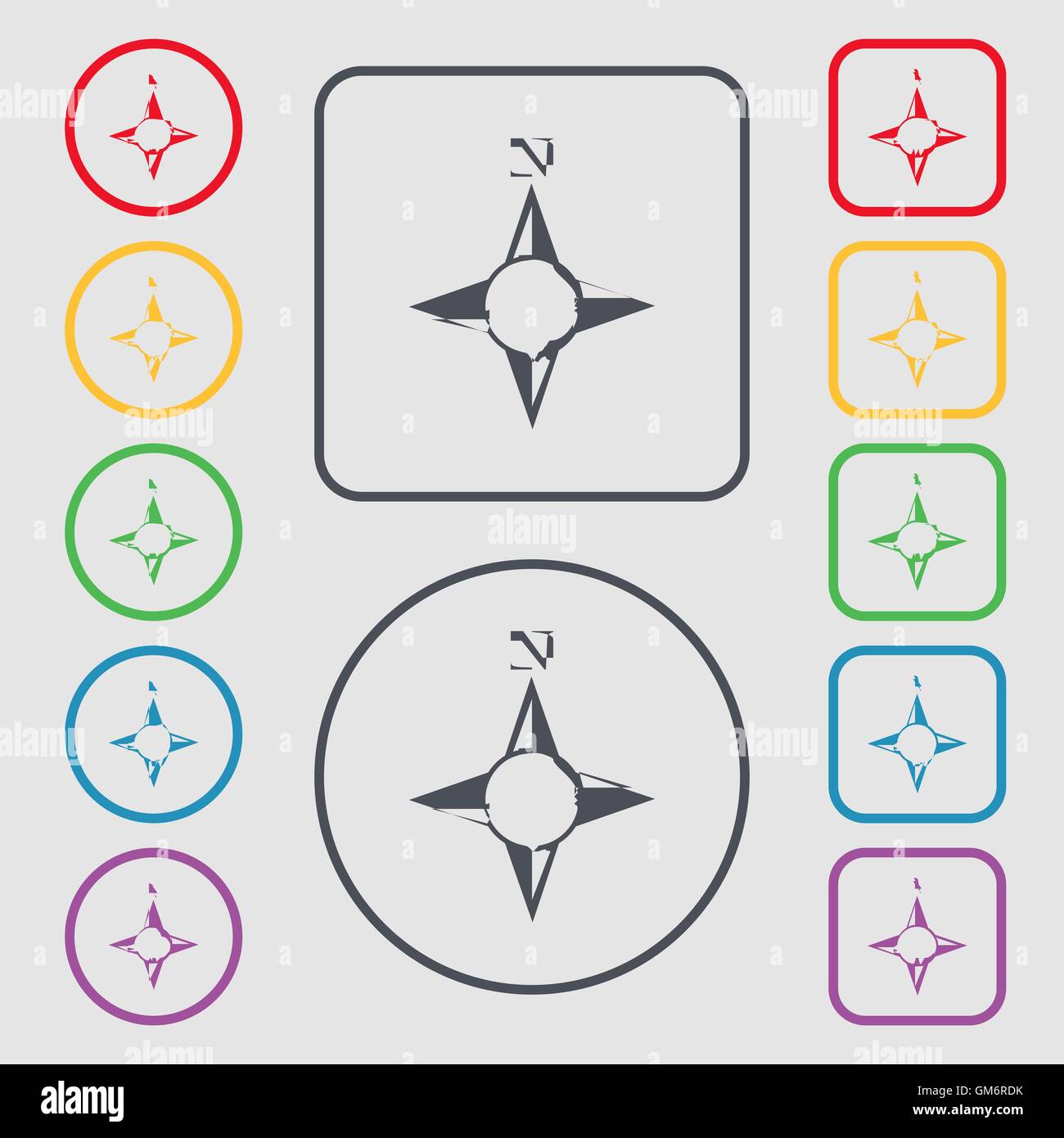 Icône de signe de la boussole. Windrose symbole de navigation. Symboles sur les boutons ronds et carrés avec le bâti. Vector Illustration de Vecteur