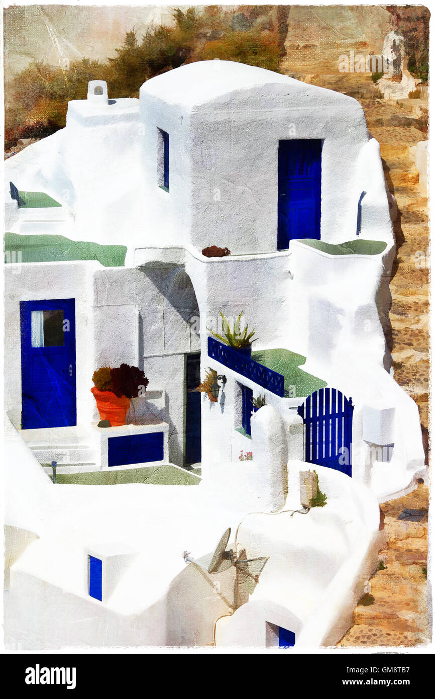 Maisons Blanches traditionnelles dans le village d''Oia, Santorin, Cyclades, Grèce. Banque D'Images