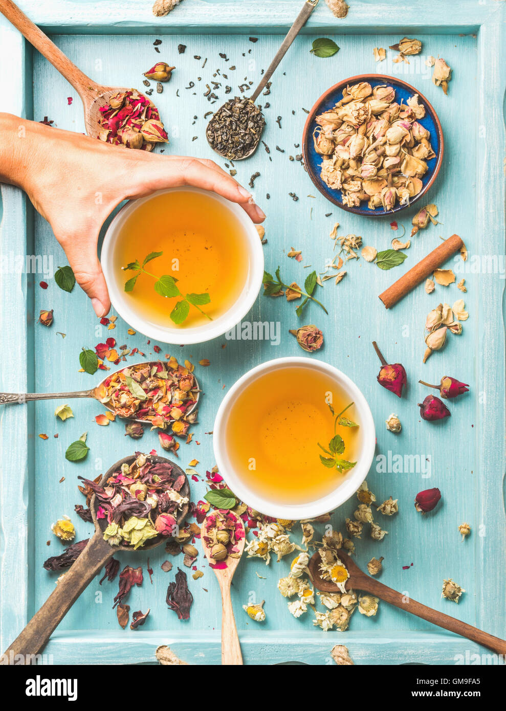 Deux tasses de thé à base de plantes en bonne santé avec la menthe, cannelle, rose, fleurs de camomille séchées dans des cuillères et man's hand holding spoon Banque D'Images