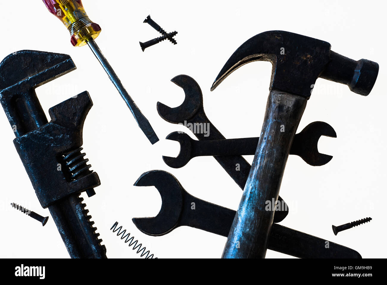 Outils de travail sur fond blanc Banque D'Images