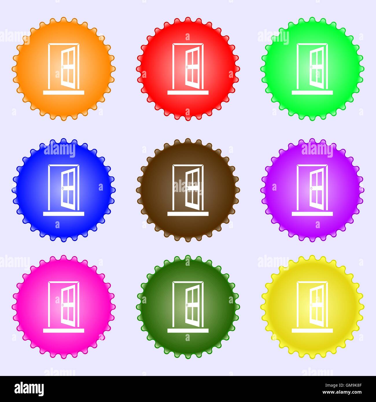 Porte, entrer ou sortir d'icon signe. Une série de 9 étiquettes de couleurs différentes. Vector Illustration de Vecteur