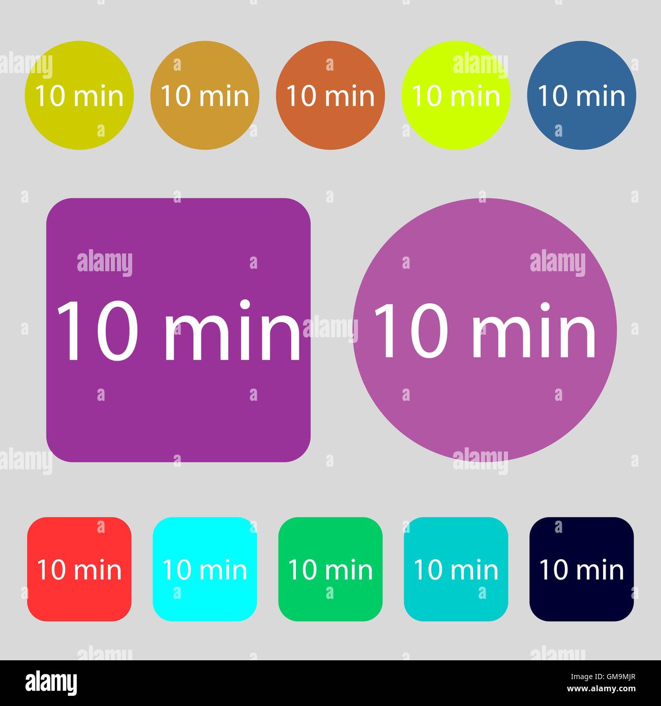 Icône de signe de dix minutes. 12 boutons de couleur. Modèle plat. Vector Illustration de Vecteur