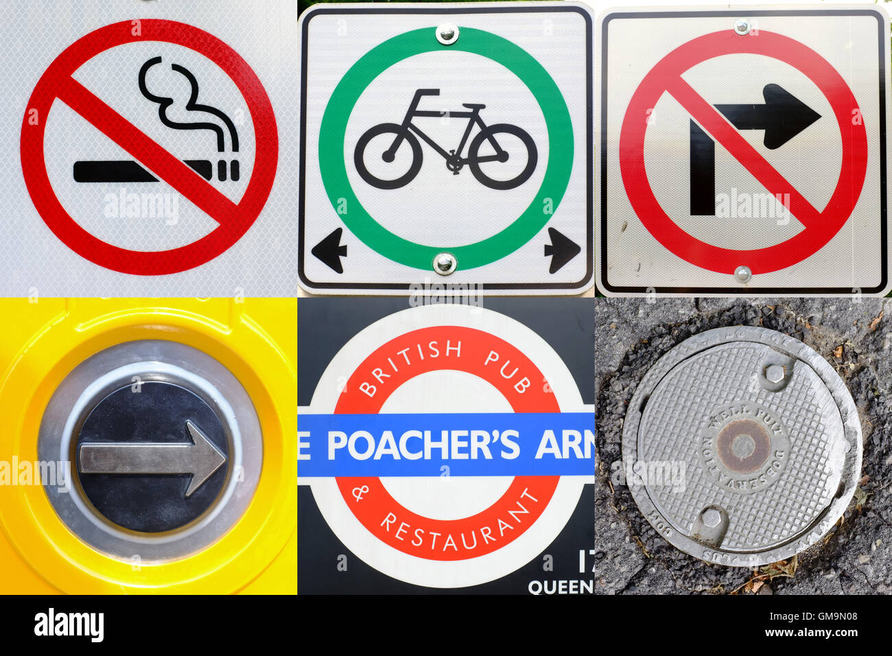 Une grille d'objets circulaires trouvés dans l'environnement urbain. Banque D'Images