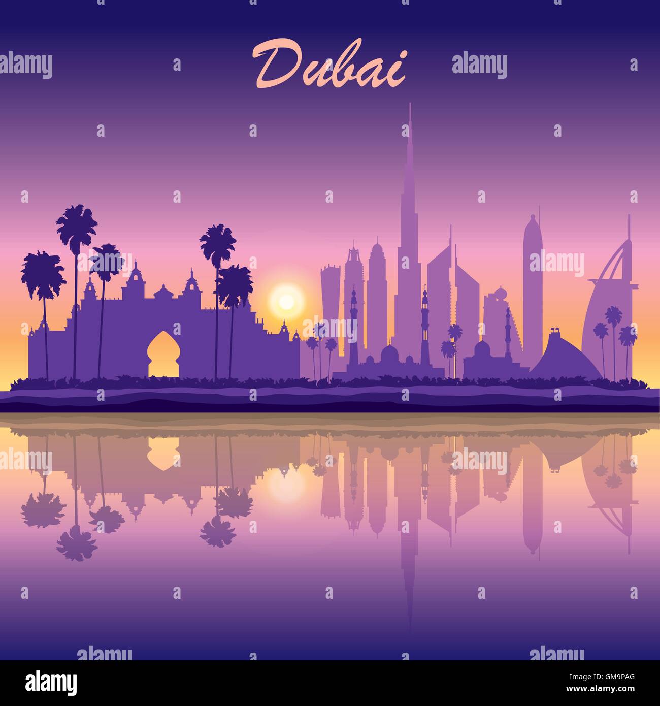 Dubai skyline silhouette sur fond coucher de soleil Illustration de Vecteur