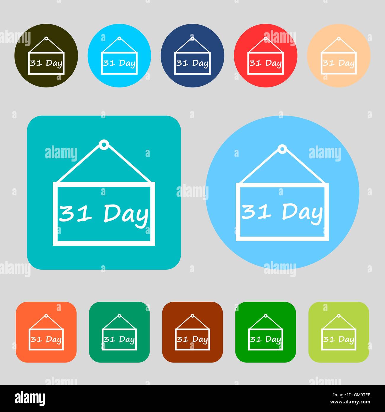 Jours 31 jours calendrier, icône de signe. 12 boutons de couleur. Modèle plat. Vector Illustration de Vecteur