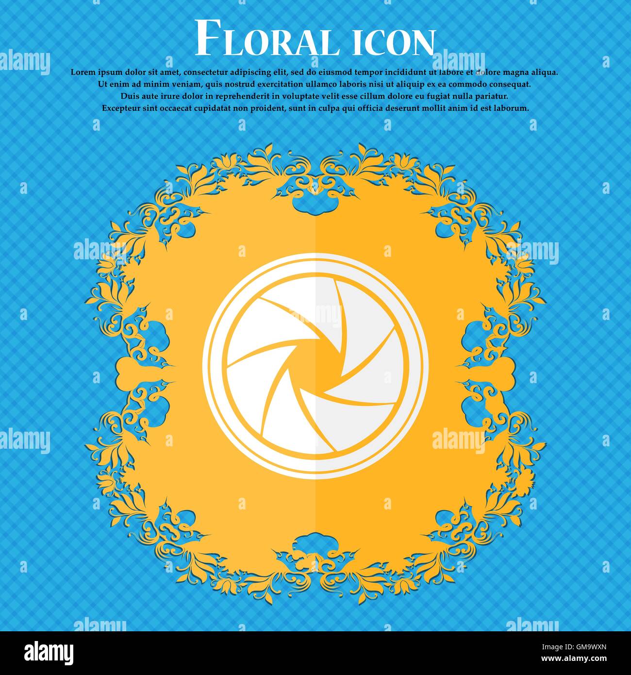 L'icône de diaphragme. Signe d'ouverture. Design plat floral sur un fond abstrait bleu avec place pour votre texte. Vector Illustration de Vecteur