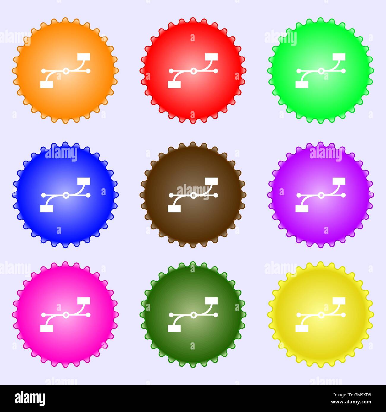 L'icône de courbe de Bézier signe. Une série de 9 étiquettes de couleurs différentes. Vector Illustration de Vecteur